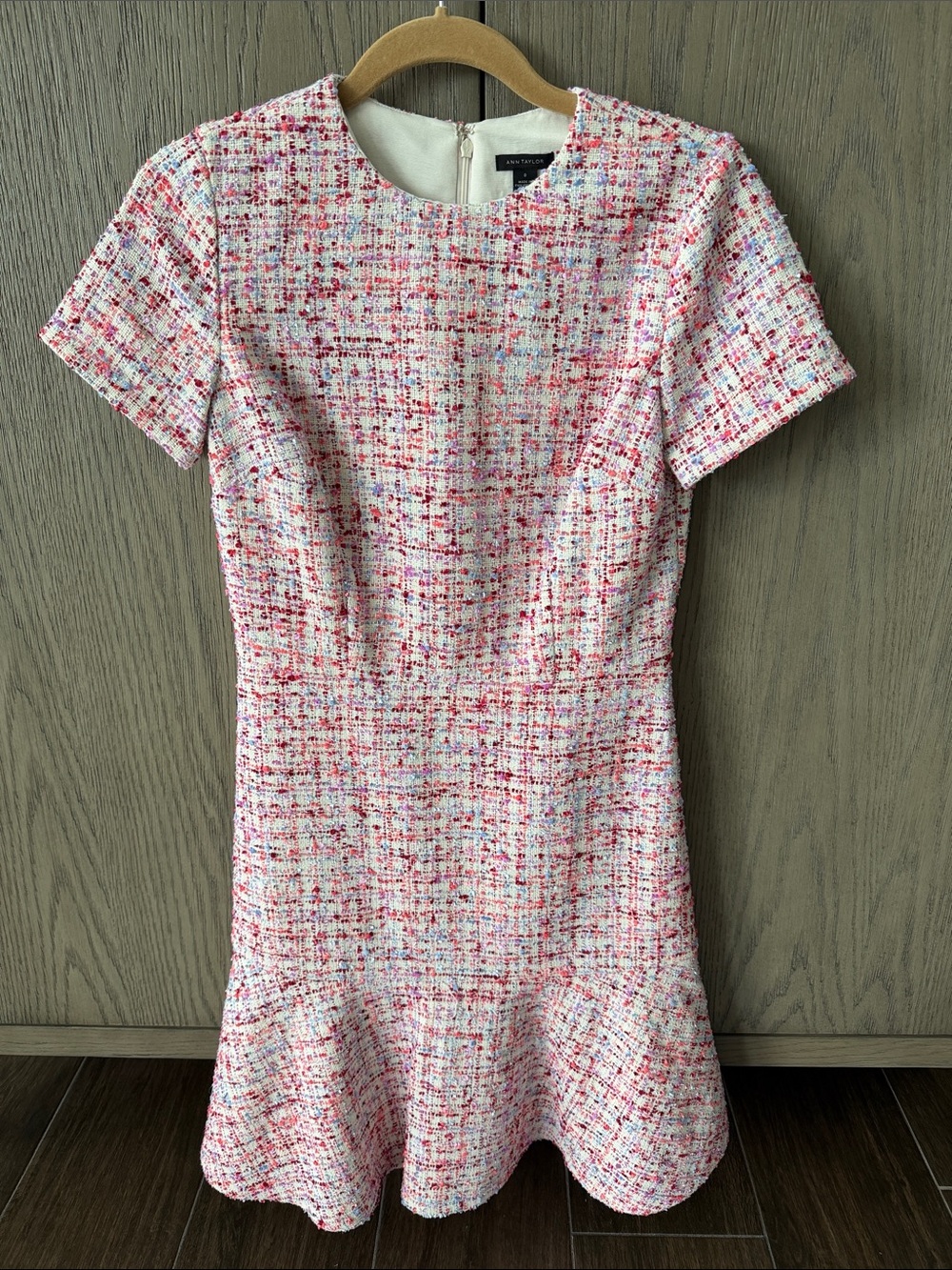 Ann Taylor Pink Multicolor Tweed Fit-and-Flare Short Sleeve Dress